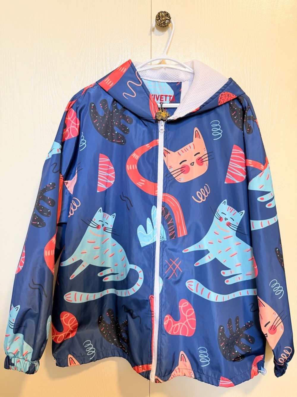 Cat Print Hooded Windbreaker - Navy with Coral & Teal Cats